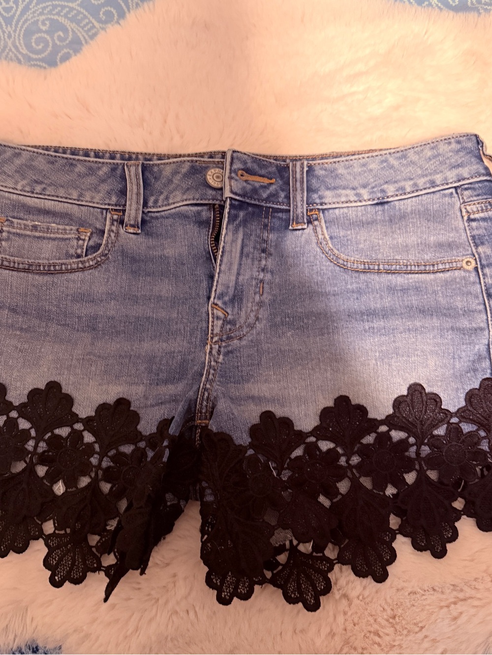 Express Blue Denim Jean Shorts with Black Lace Trim